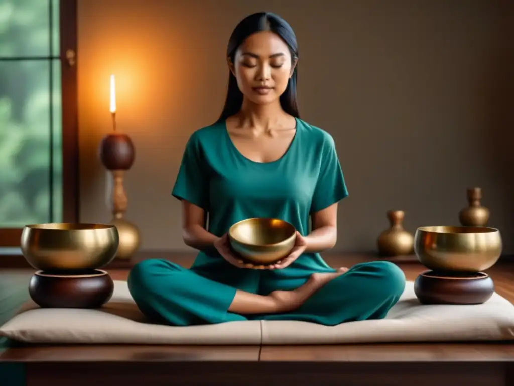 Armonía sonora: meditación con cuencos tibetanos Persona meditando con cuencos tibetanos en un espacio tranquilo, técnica cuencos tibetanos relajación