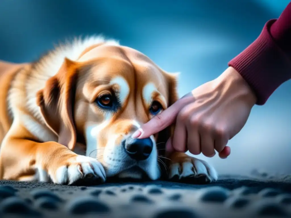 Conexión emocional: manos acariciando a perro terapéutico Una persona acariciando con delicadeza a un perro de terapia, mostrando la textura de su pelaje y la conexión emocional
