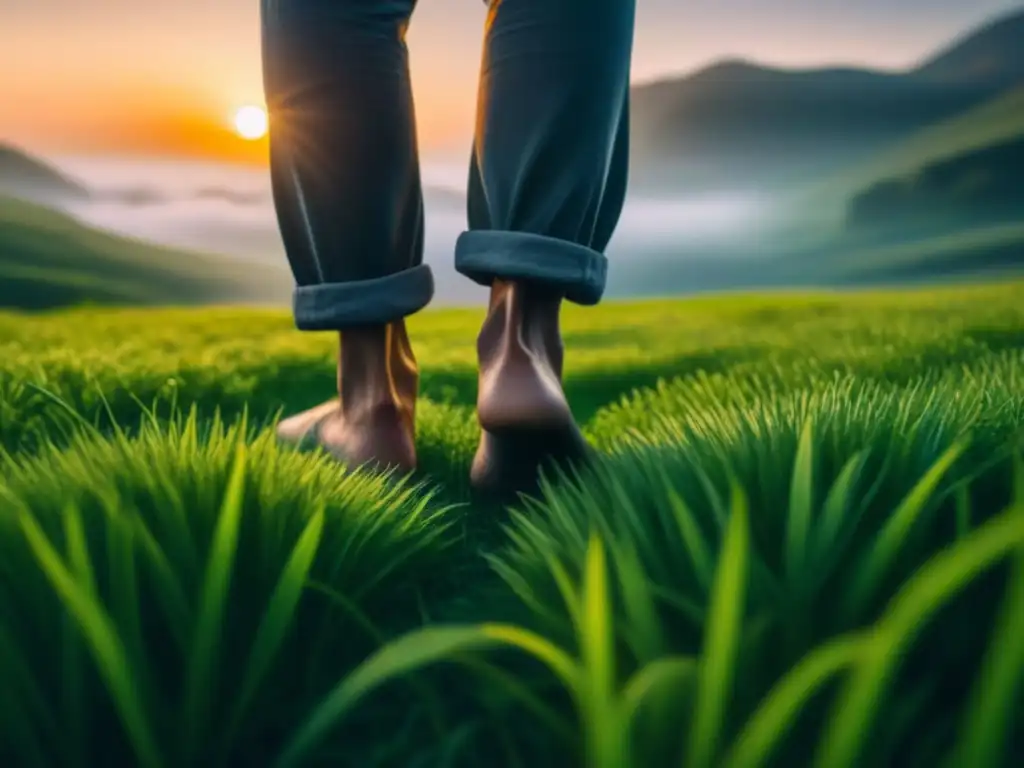Conexión profunda con la naturaleza: persona descalza en la hierba al atardecer Persona descalza en césped verde con el sol poniéndose, transmitiendo paz y conexión con la naturaleza; técnicas de aterrizaje para aliviar estrés