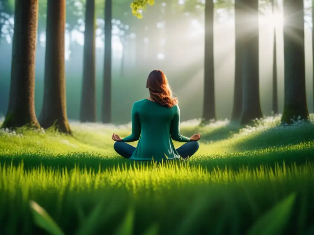 Conexión con la naturaleza: Meditación en prado verde Persona meditando descalza en prado verde, bajo árboles altos con luz solar filtrándose