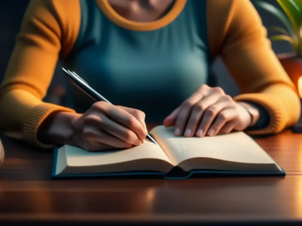 Escritura de gratitud en tranquilidad Persona escribiendo en un diario de gratitud para principiantes, rodeada de plantas en un ambiente sereno y cálido