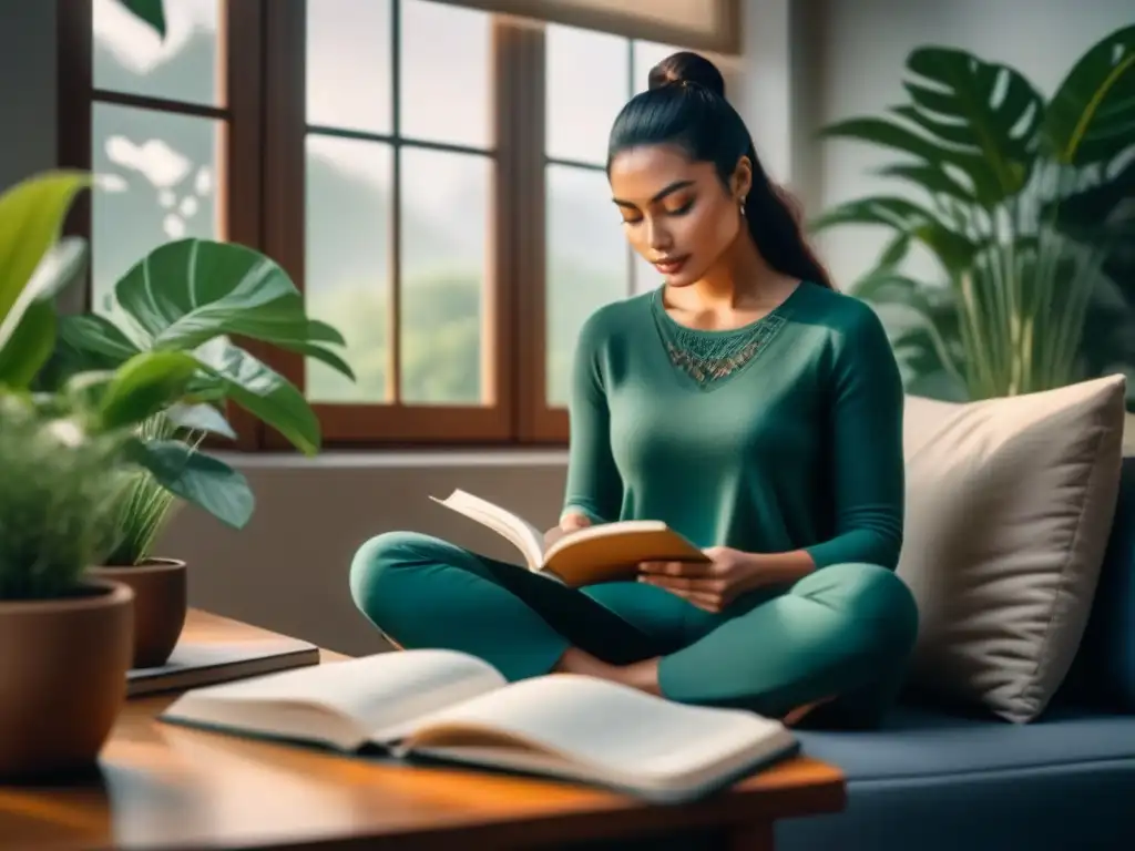 Plenitud interior: meditación y escritura en un rincón soleado Persona en meditación escribiendo en un diario en habitación soleada con plantas