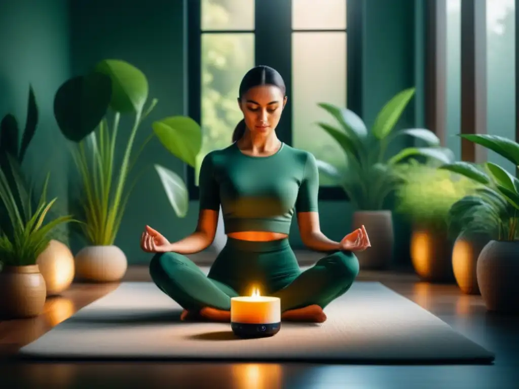 Práctica de biorretroalimentación en casa para relajarse Persona haciendo ejercicios de biorretroalimentación para aliviar estrés en casa, rodeada de plantas y luz suave de velas