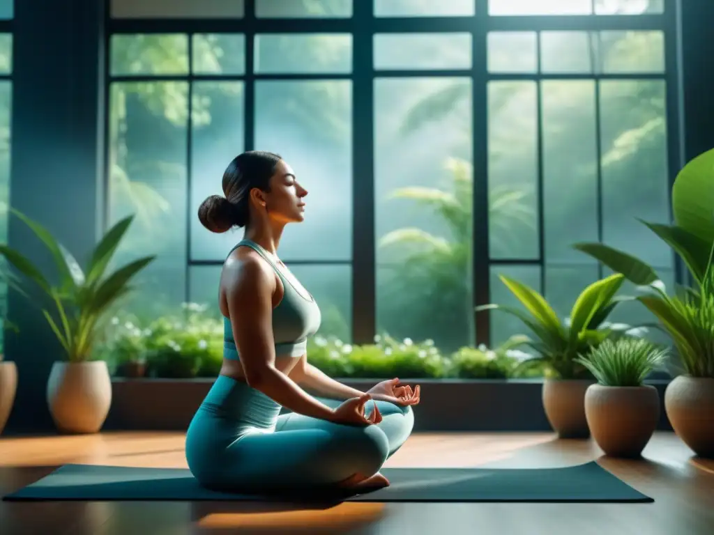 Paz interior: Meditación en el jardín Persona practicando ejercicios de biorretroalimentación para aliviar estrés en casa rodeada de naturaleza y tranquilidad