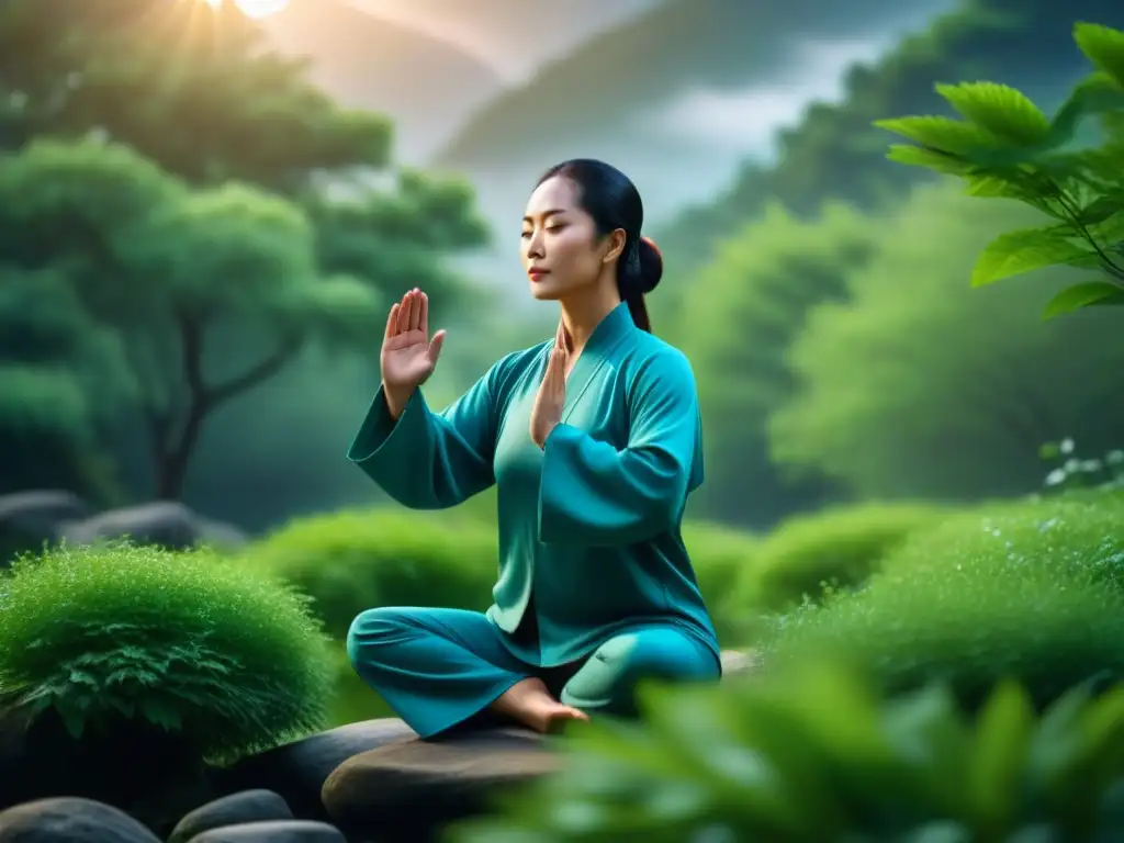 Practicante de Qi Gong en armonía con la naturaleza Persona realizando ejercicios Qi Gong para relajación en entorno sereno y natural