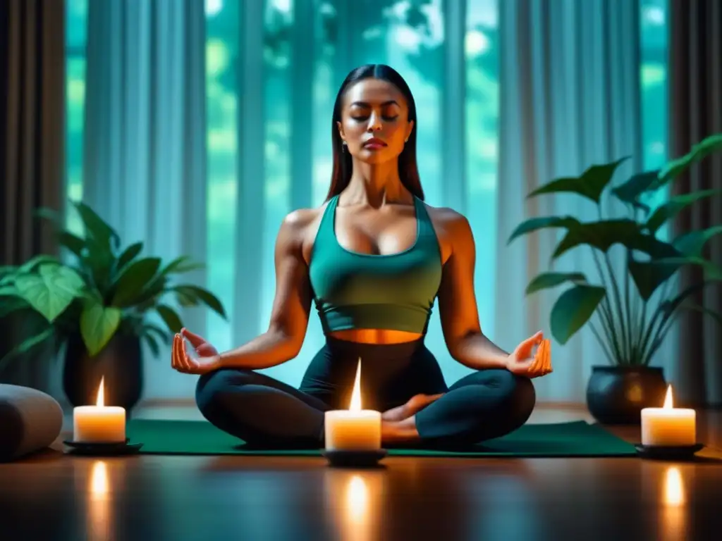 Práctica de mindfulness en casa: serenidad entre plantas verdes y velas Persona practicando ejercicios de grounding en casa, rodeada de plantas verdes y velas, creando un ambiente de paz y calma