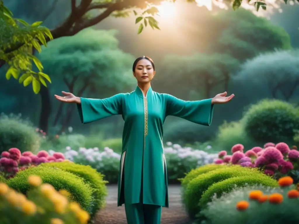 Práctica de Qi Gong al amanecer: serenidad y armonía en un jardín tranquilo Persona practicando ejercicios Qi Gong para relajación al amanecer en un jardín sereno y pacífico