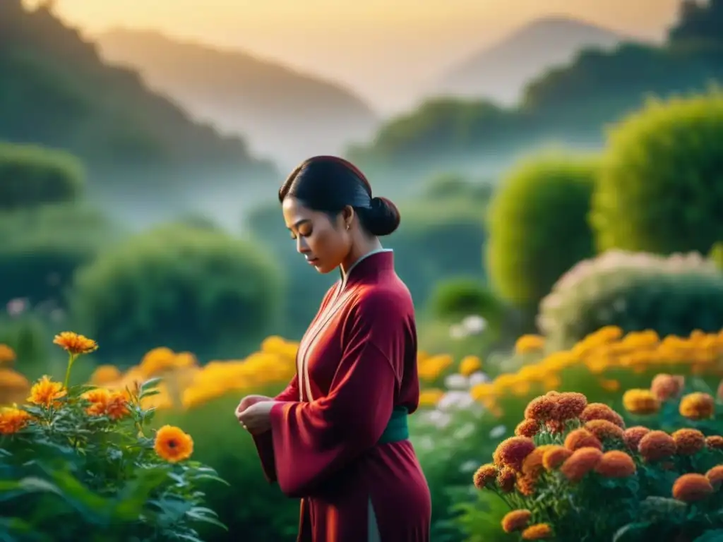 Práctica de Qi Gong al amanecer: armonía en el jardín Persona practicando ejercicios Qi Gong para relajación al amanecer en un jardín sereno y colorido