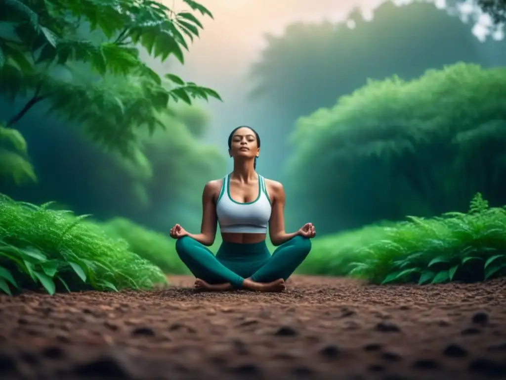 Persona practicando ejercicios de respiración profunda en un entorno natural tranquilo, transmitiendo equilibrio y armonía