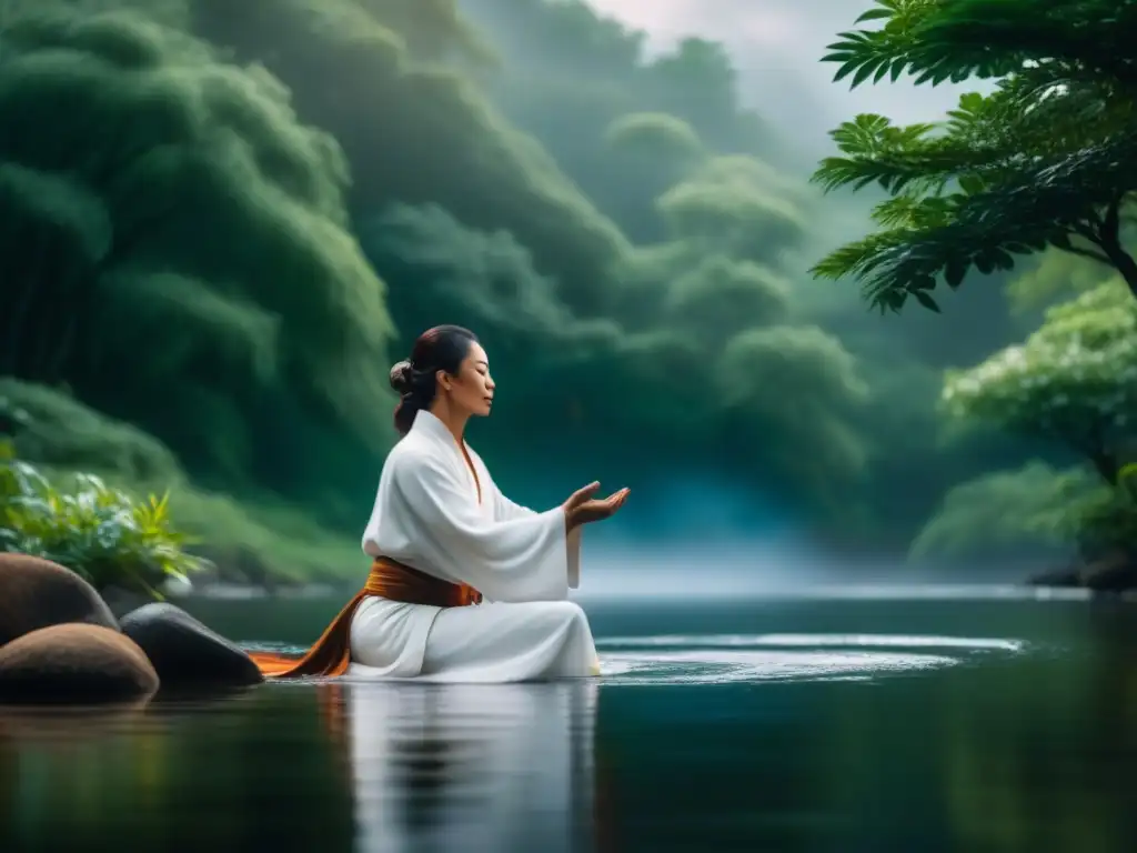 Práctica de Qi Gong en la naturaleza: calma y armonía Persona practicando Qi Gong en entorno natural, transmitiendo calma y equilibrio