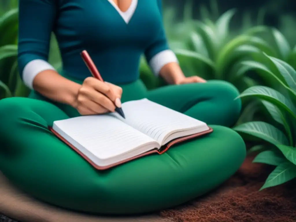 Escritura terapéutica: calma y concentración en un oasis verde Persona escribiendo en un entorno sereno rodeado de plantas