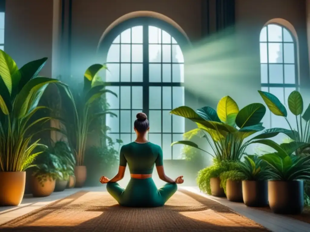 Meditación serena bajo la luz suave Persona practicando gratitud diaria en casa, meditando en paz rodeada de plantas y luz suave