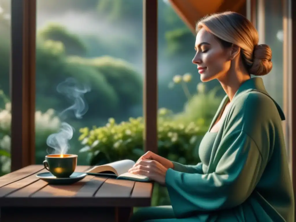 Meditación en balcón soleado: paz y gratitud Persona practicando gratitud diaria en casa, sentada en balcón soleado con jardín verde y taza de té caliente