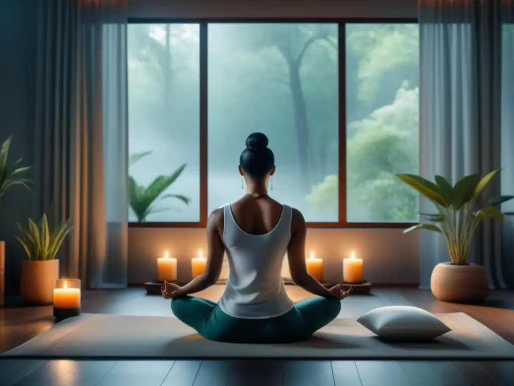 Serena meditación en un ambiente minimalista Persona meditando en hogar sereno con aplicaciones meditación premium hogar