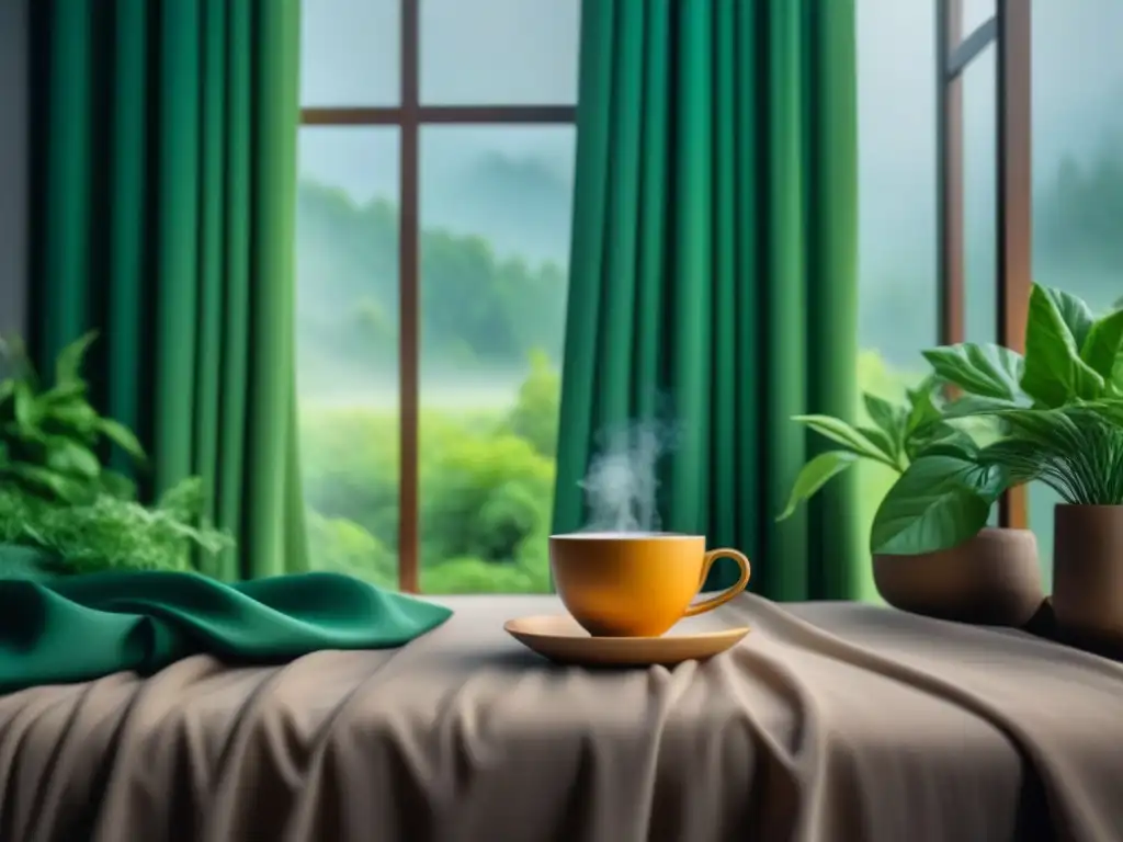 Plácida escena de hogar: disfrutando té herbal entre plantas verdes Persona disfrutando de una infusión relajante en hogar acogedor entre plantas verdes, iluminación suave y cortinas transparentes