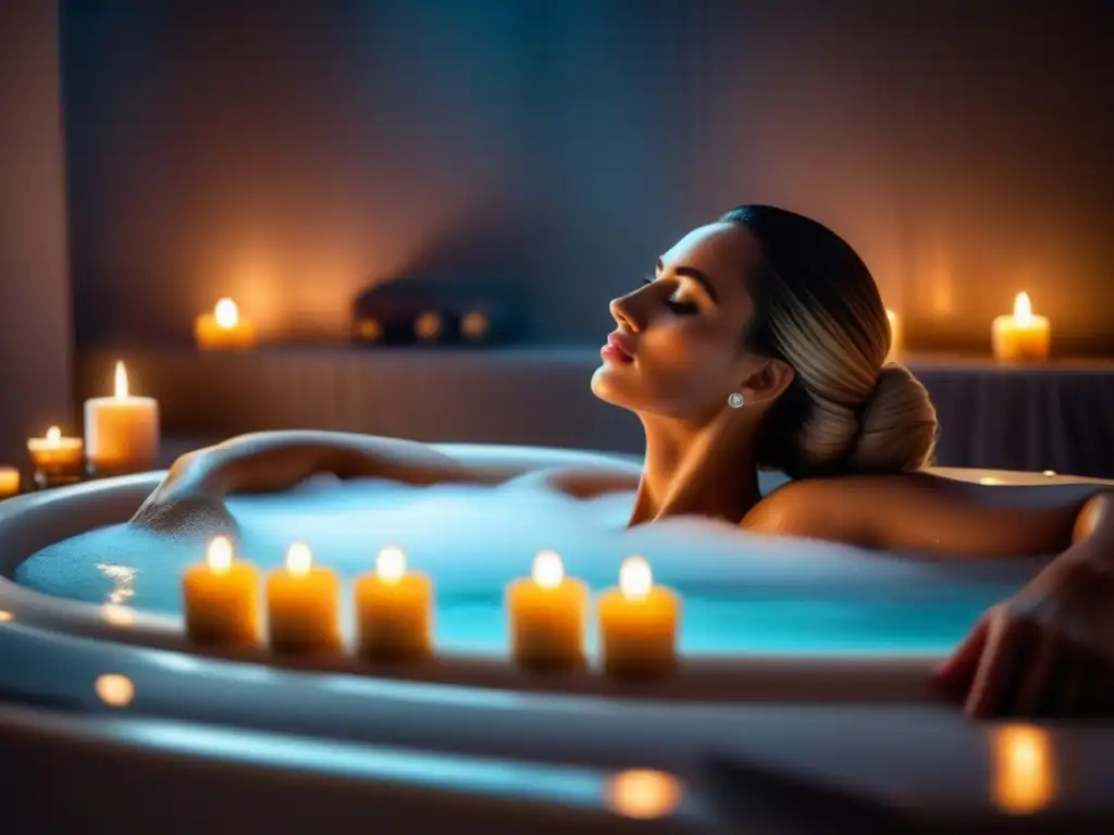Baño relajante: sumérgete en tranquilidad y bienestar Persona relajándose en lujosa bañera con burbujas aromáticas y velas, junto a toallas esponjosas