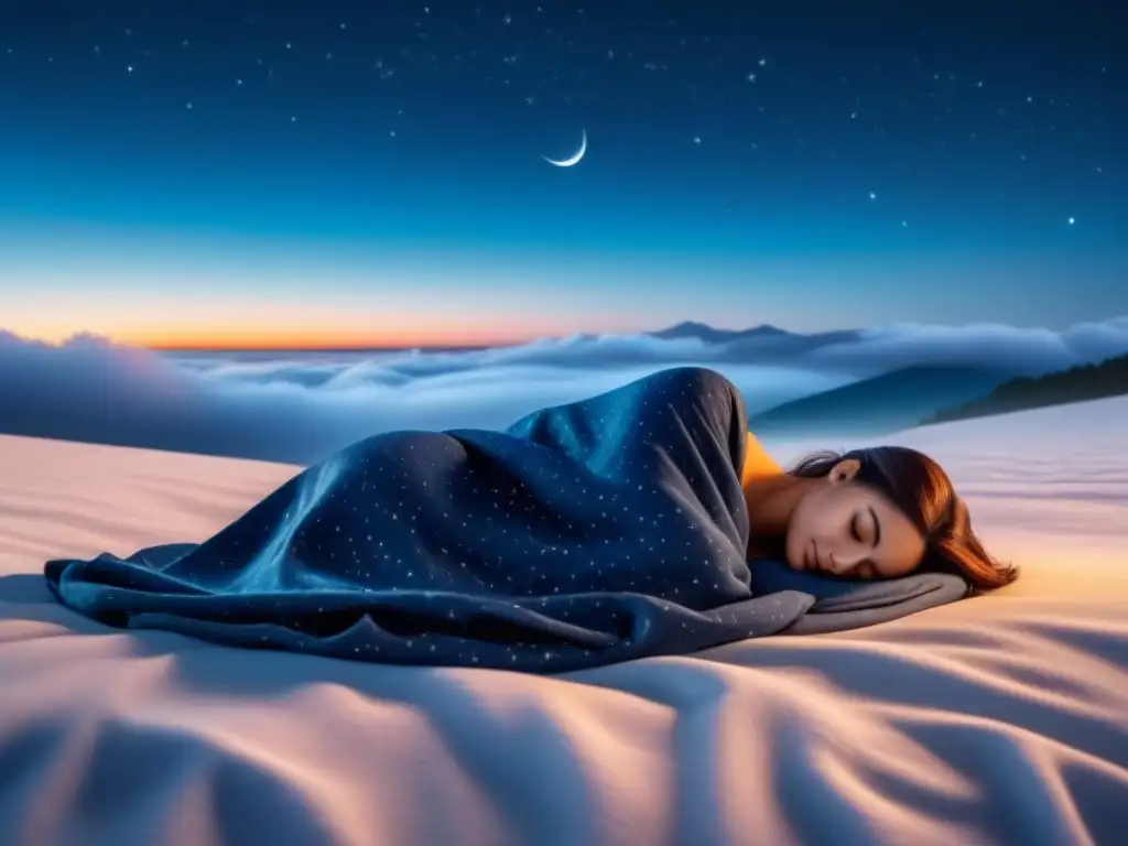 Tranquila noche estrellada con luna creciente Persona durmiendo bajo el manto estrellado de la noche, junto a la luna creciente
