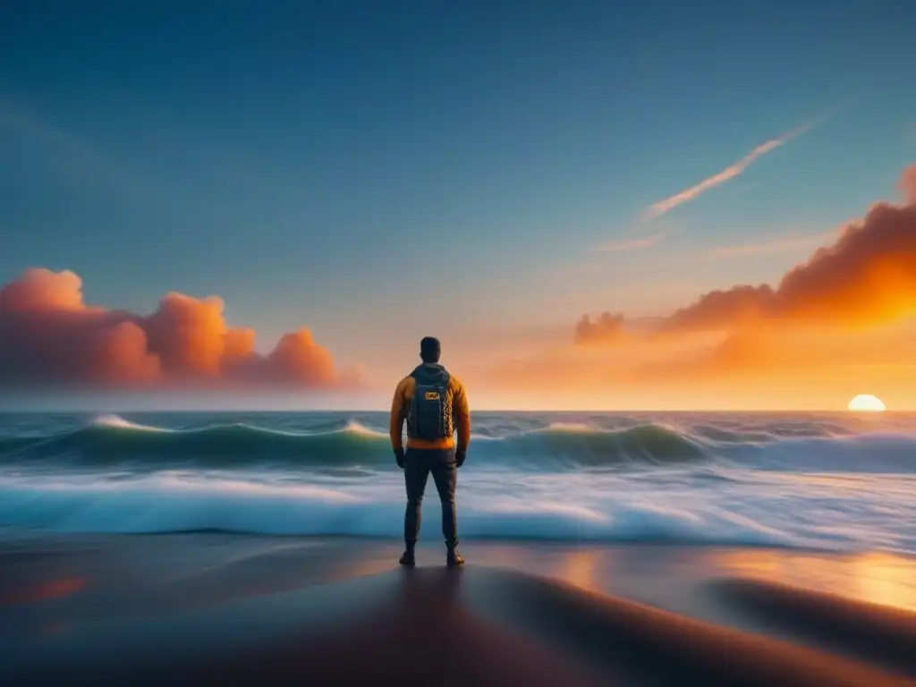 Serena fortaleza frente al océano al atardecer Persona frente al mar al atardecer, proyectando paz y determinación