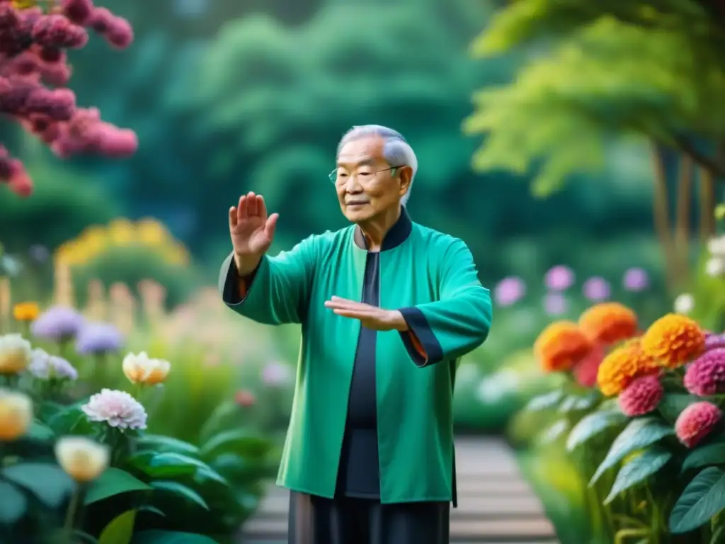 Armonía en el jardín: Practicante de Qi Gong Persona mayor practicando Qi Gong adaptado todas edades en jardín sereno con flores y agua