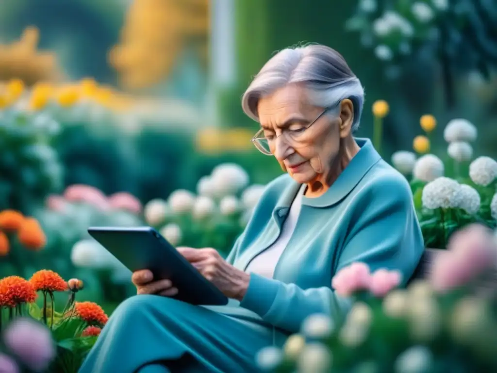 Relajación en el jardín: persona mayor disfruta de app serena en tablet Persona mayor relajada en jardín con flores, usando app relajante en tablet
