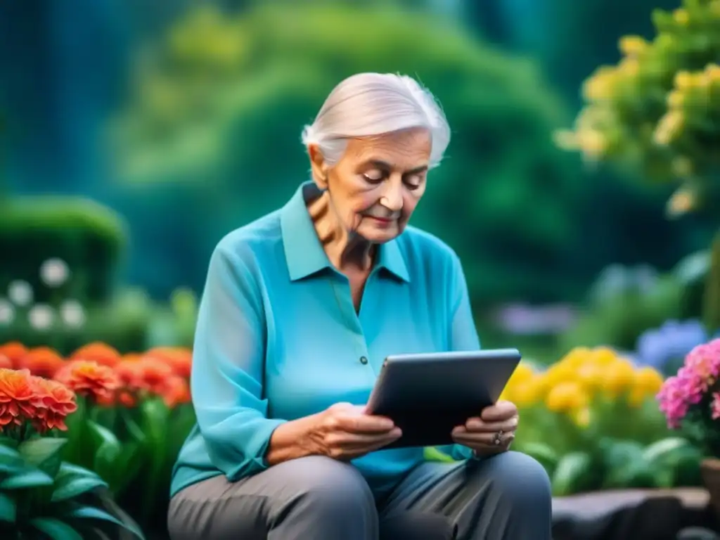 Jardín de paz: adulto mayor relajado con app de relajación Persona mayor disfrutando de un jardín tranquilo con flores y agua, usando una app de relajación