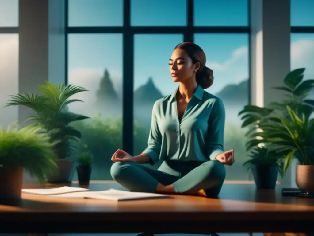 Tranquilidad y mindfulness en la oficina 'Persona practicando mindfulness en un espacio de oficina sereno, rodeada de plantas y luz natural