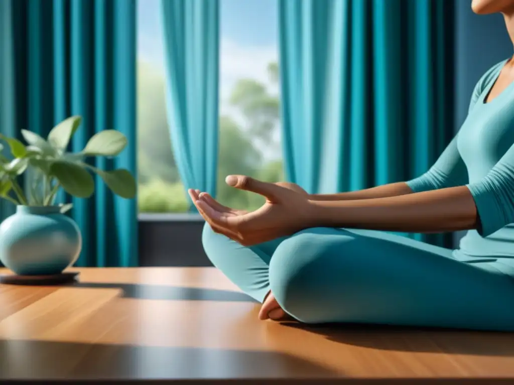 Meditación mindfulness en la oficina: Serenidad en el trabajo Persona practicando mindfulness en el trabajo, ambiente sereno y minimalista