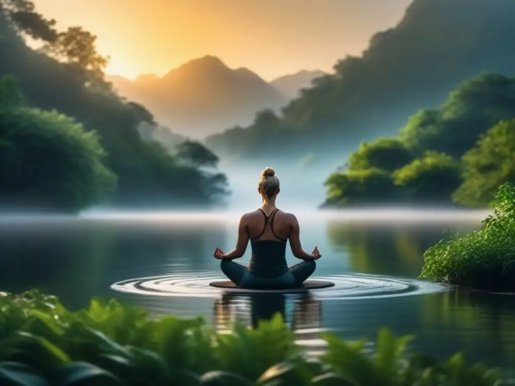 Meditación en la naturaleza: Serenidad al atardecer Persona meditando en la naturaleza, rodeada de vegetación y agua, al atardecer