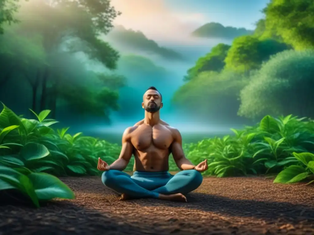 Meditación en la naturaleza: armonía y serenidad Persona meditando en la naturaleza, rodeada de vegetación exuberante y luz suave, ideal para visualización guiada y ejercicio integral