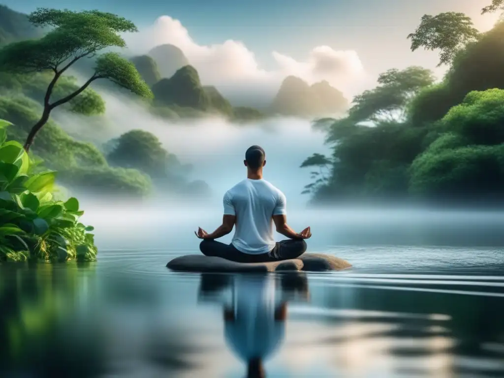 Meditación en oasis: serenidad y enfoque para emprendedores Persona meditando en oasis pacífico con vegetación exuberante y agua fluyendo suavemente