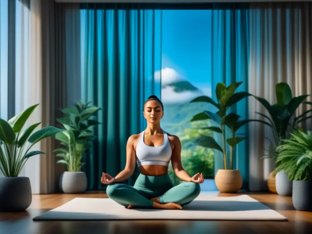 Serena meditación en oficina: paz y naturaleza Persona meditando en oficina serena, rodeada de plantas y luz natural