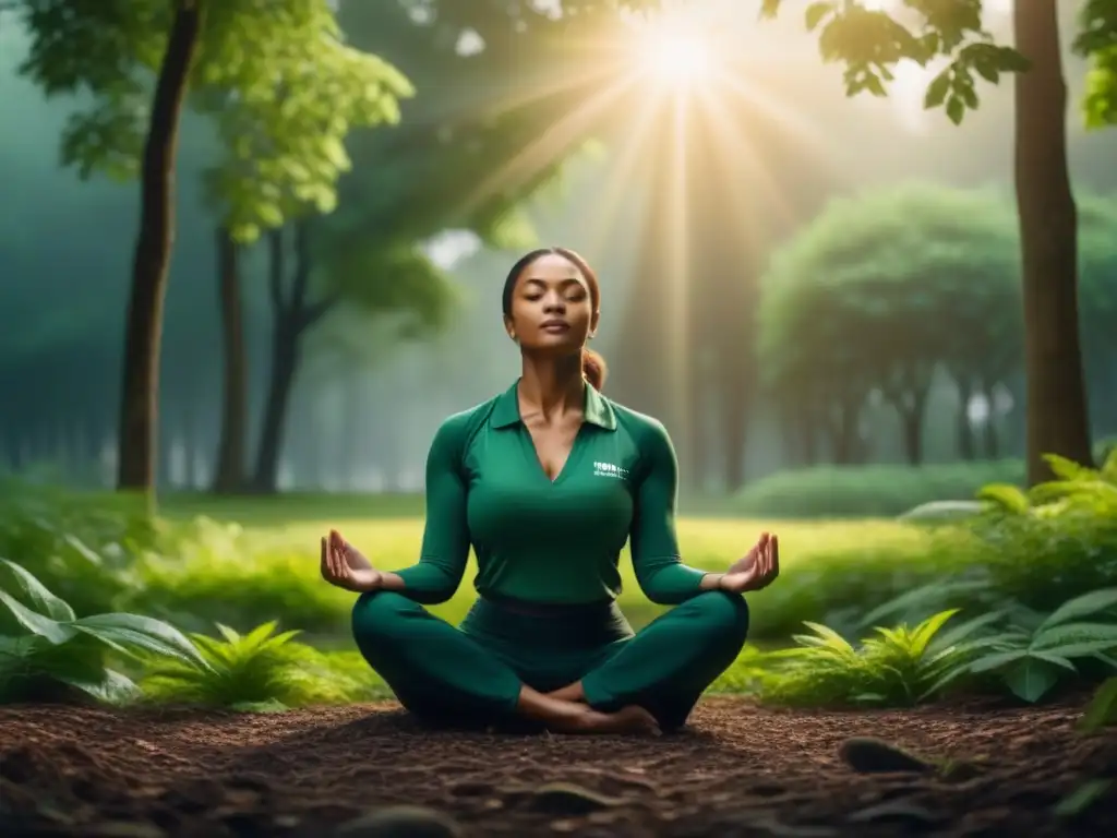 Meditación en parque: calma y serenidad en la naturaleza Persona meditando en parque verde, transmitiendo calma y paz