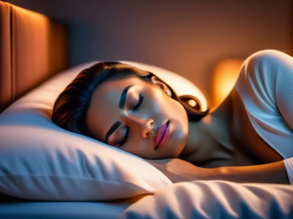 Tranquilo descanso en cama con luz cálida Persona durmiendo en paz en cama acogedora con iluminación cálida, reflejando la importancia del monitoreo del sueño para la salud