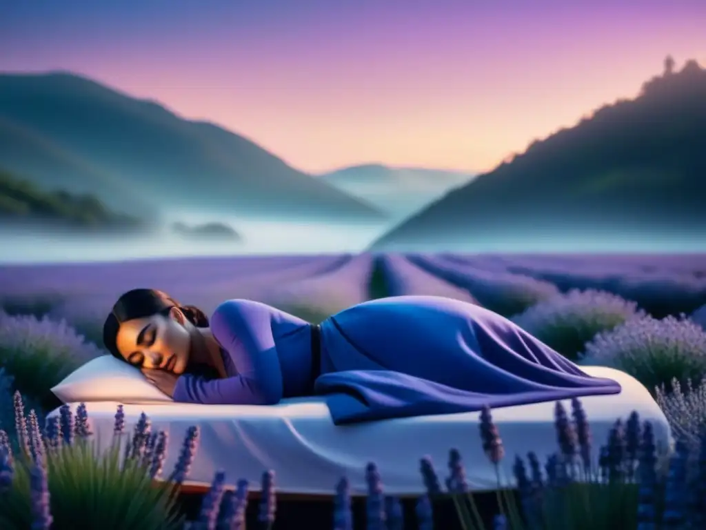 Persona durmiendo en paz con flores de lavanda, bajo la luna creciente
