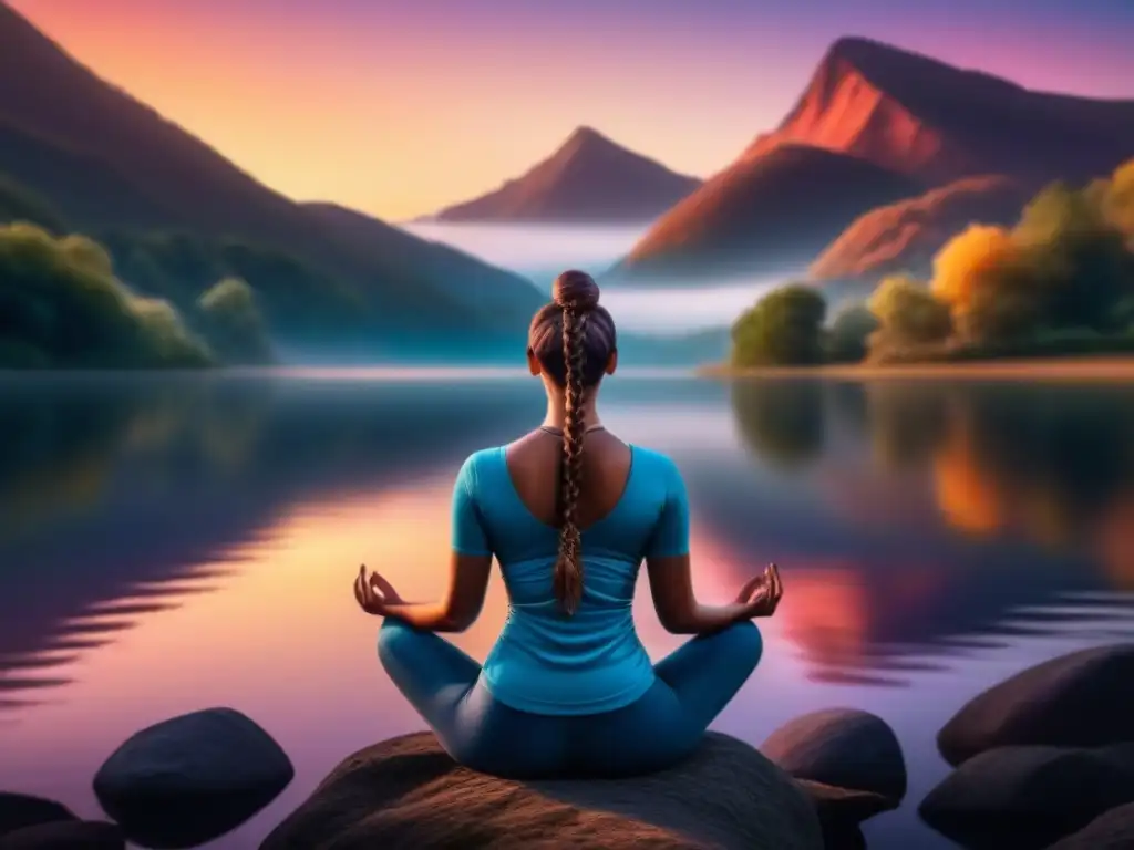 Serena meditación al atardecer: paz interior y fuerza Persona en paz, respirando profundo en un paisaje sereno al atardecer