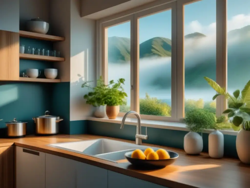 Paz en la cocina: persona lavando platos en un espacio minimalista Persona lavando platos en cocina minimalista, con luz natural