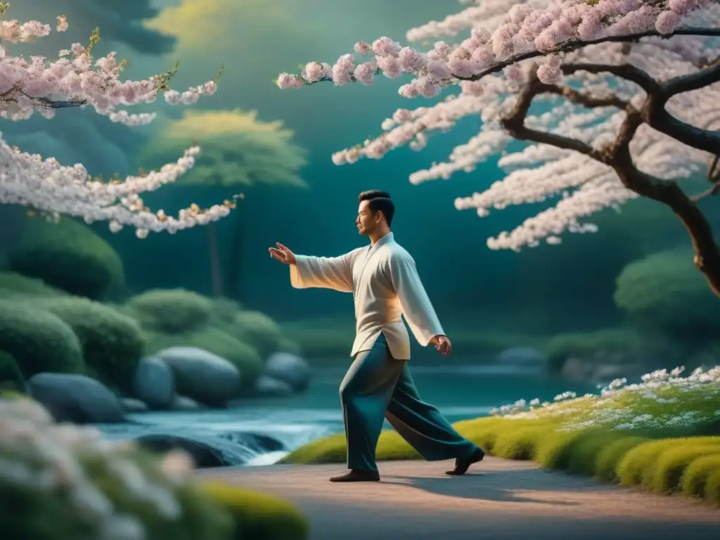 Armonía en Tai Chi: Persona en pose fluida entre cerezos en flor Persona en pose de Tai Chi, rodeada de naturaleza tranquila con cerezos en flor y arroyo