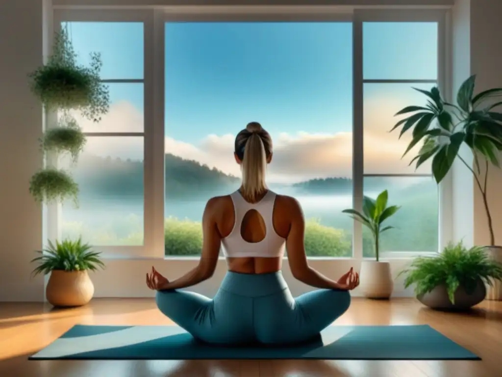 Persona en postura de yoga, concentrada y tranquila, rodeada de luz natural
