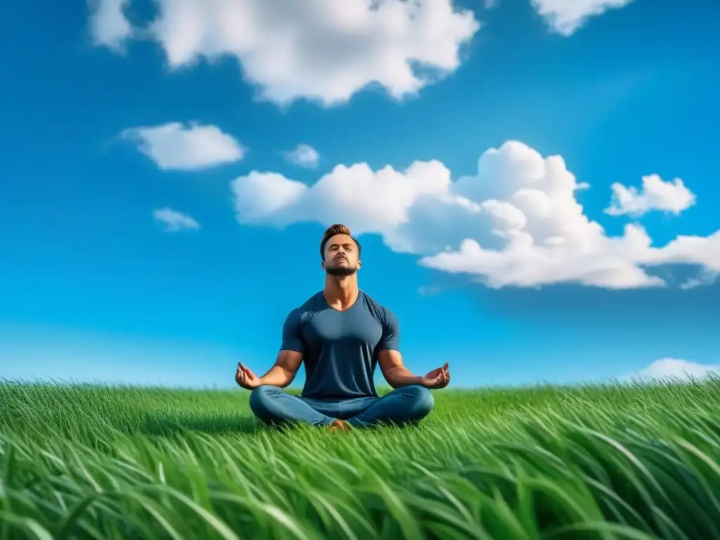 Meditación en campo verde: serenidad y conexión con la naturaleza Persona en postura de loto sobre césped verde, ojos cerrados y manos en la tierra