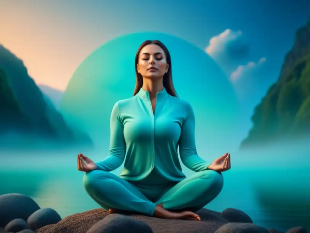 Yogi en meditación: paz interior en colores suaves Persona en postura de yoga en paz mental profunda, rodeada de colores suaves y calmantes