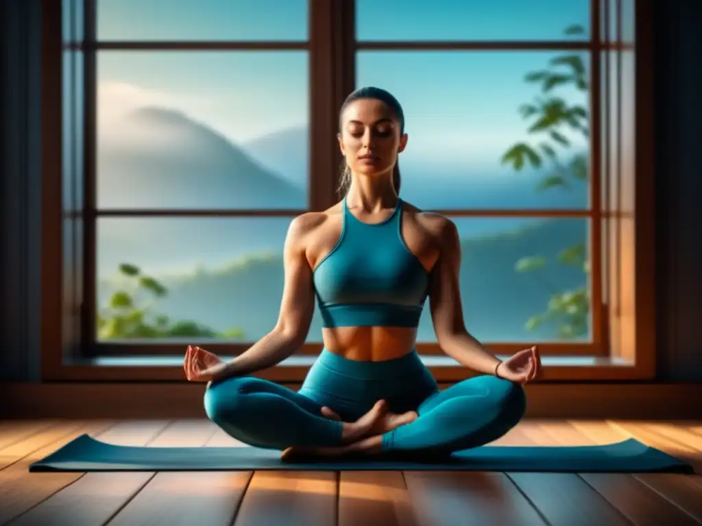 Yoga en Casa: Serenidad y Armonía en Asana Inicial Persona en postura de yoga principiante en casa, con luz natural y suelo de madera limpia, transmitiendo calma y enfoque