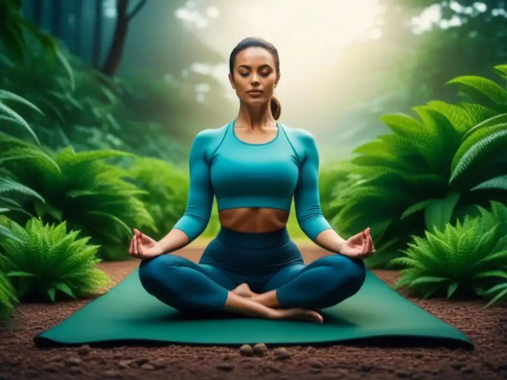 Retiro zen entre plantas: equilibrio mental para Géminis Persona en postura de yoga rodeada de plantas, con luz suave entre hojas