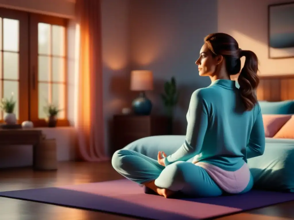 Persona practicando posturas de yoga relajantes en casa con serenidad y calma