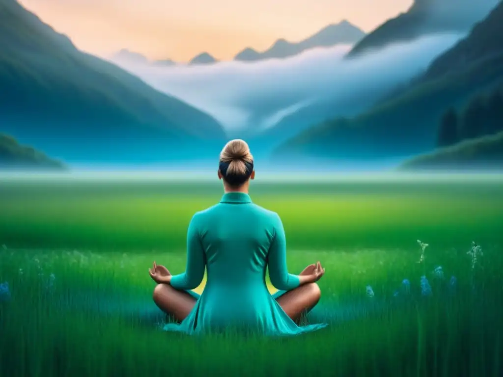 Meditación en la naturaleza: serenidad y armonía interior Persona en meditación flotando sobre prado verde, en armonía con la naturaleza