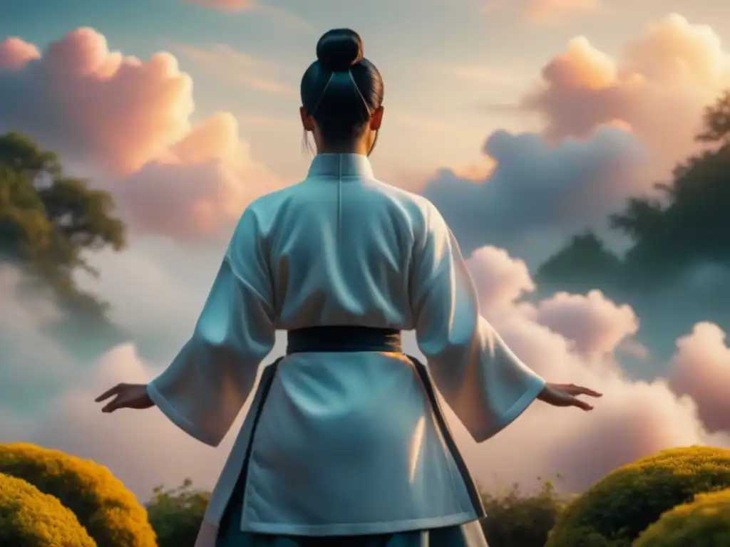Serena práctica de Qi Gong al amanecer en un jardín tranquilo Persona practicando Qi Gong en jardín al amanecer, rodeada de nubes pastel y paz interior