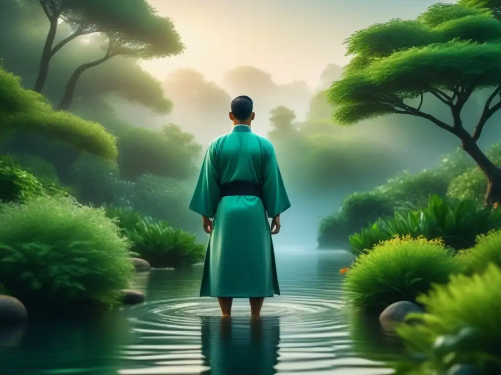 Armonía y serenidad: Qi Gong en jardín tranquilo Persona practicando Qi Gong en jardín sereno, rodeada de naturaleza, reflejando tranquilidad y mindfulness, beneficios Qi Gong investigación