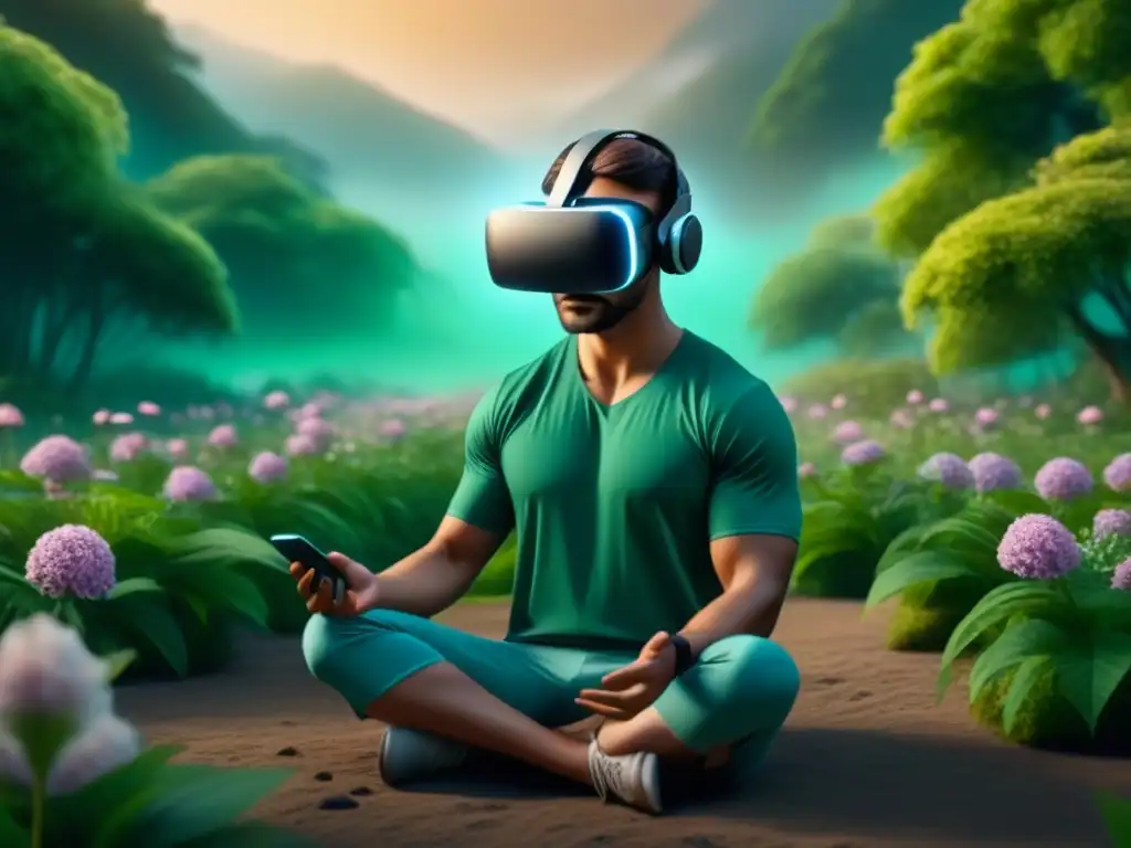 Persona en Realidad Virtual para relajación en casa, en un jardín digital sereno con flores y mariposas