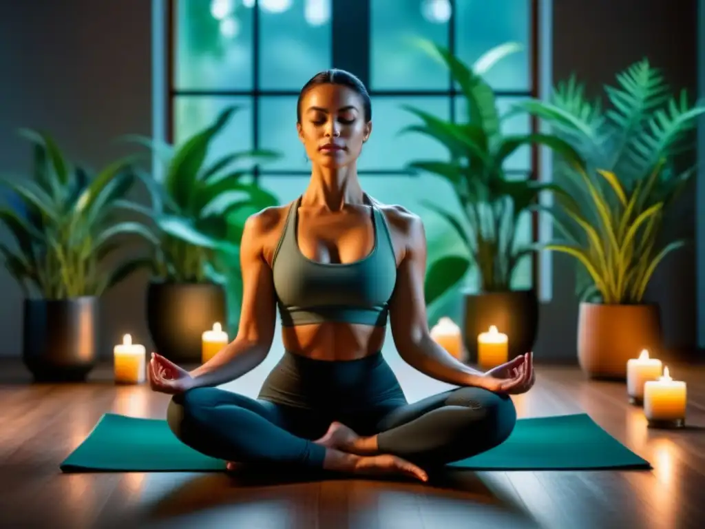 Relajación profunda en casa: paz interior y calma Persona practicando relajación progresiva en casa, en postura calmada y enfocada en un ambiente sereno con velas y plantas