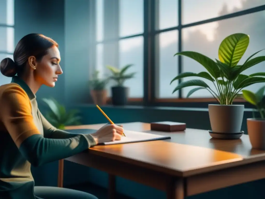 Escena serena de creatividad en un escritorio ordenado Persona relajada en casa dibujando en un escritorio ordenado con plantas y té