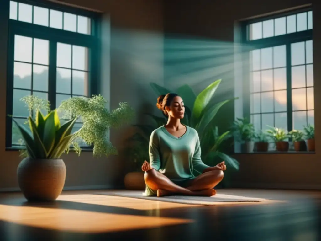 Práctica de meditación en casa: serenidad y calma Persona relajada practicando estrategias de respiración para la ansiedad en acogedor hogar con luz suave entrando por la ventana